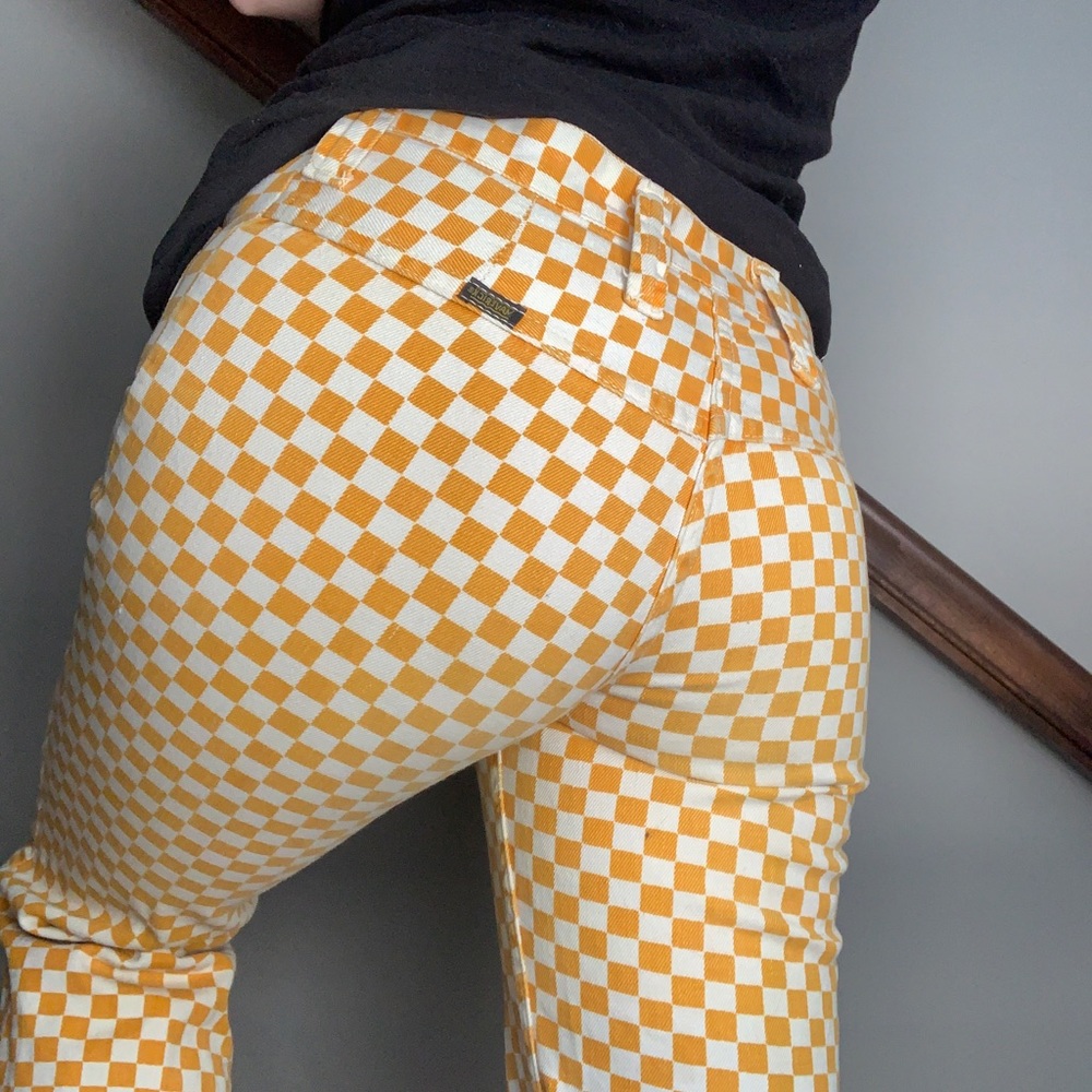 Orange checkered Maverick low rise bellbottoms from the 70s